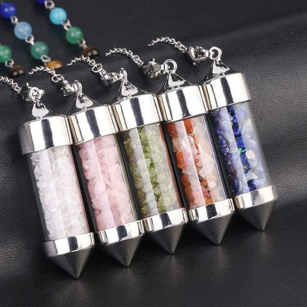 pendant necklaces 7 chakra wishing bottle pendulum reiki natural chip stone necklace women men divination amulet arrival, Silver
