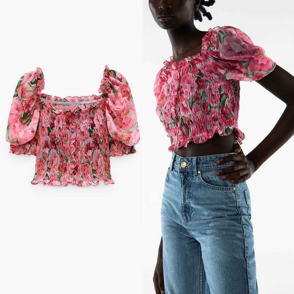 za stretchy print summer women short puff sleeve smocked elastic cropped blouse feminine vintage ruffle red shirts 210602, White
za stretchy print summer women short puff sleeve smocked elastic cropped blouse feminine vintage ruffle red shirts 210602, White