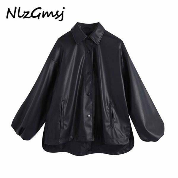 women fashion faux leather oversized asymmetric jacket coat vintage lantern sleeve female outerwear chic 210628, Black;brown
women fashion faux leather oversized asymmetric jacket coat vintage lantern sleeve female outerwear chic 210628, Black;brown