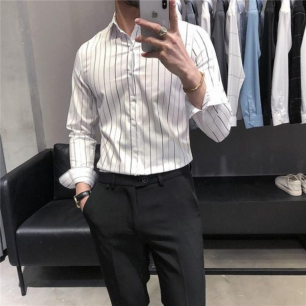 men's casual shirts men clothing 2021 spring long sleeve shirt business formal stripe print camisas para hombre, White;black
men's casual shirts men clothing 2021 spring long sleeve shirt business formal stripe print camisas para hombre, White;black