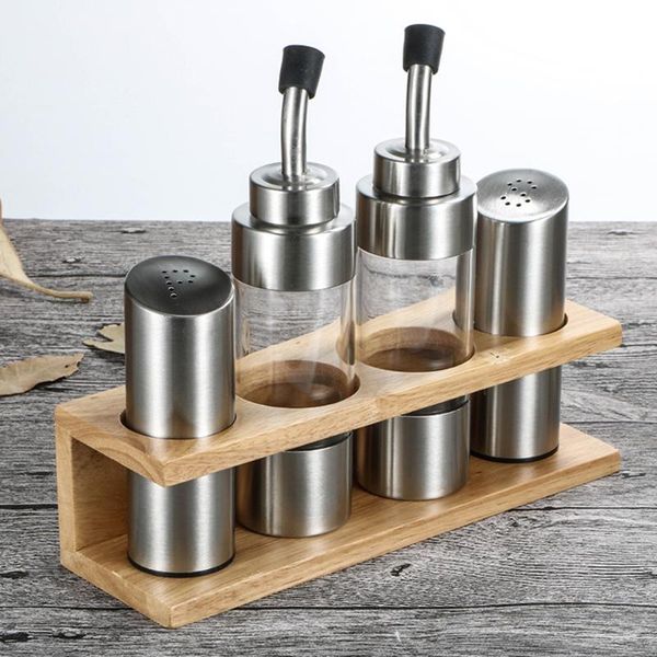 5pcs seasoning bottles set with wooden rack stainless steel salt pepper bottle oil vinegar soy sauce storage & jars
5pcs seasoning bottles set with wooden rack stainless steel salt pepper bottle oil vinegar soy sauce storage & jars