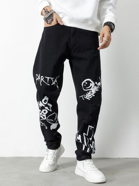 men alien & letter ripped jeans 69y6#, Blue