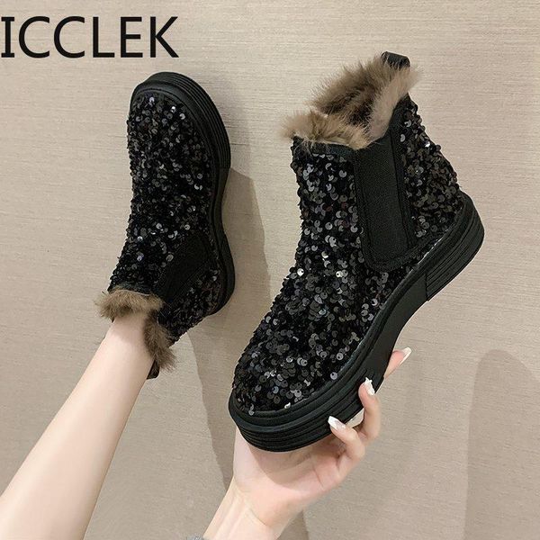 boots women shoes snowy women's short diamond shiny sequins thick wool warm cotton botas mujer, Black