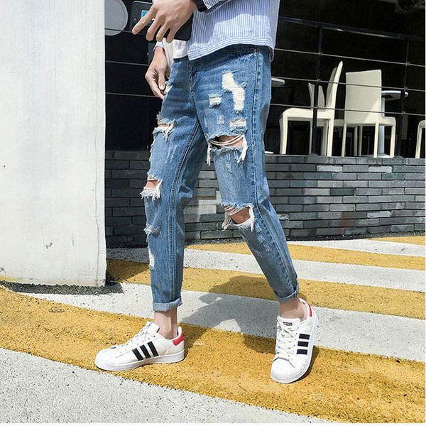men's jeans wholesale spring autumn ripped big hole denim jeans men teenagers slim korean scraped beggar pants thin 2ye9, Blue
men's jeans wholesale spring autumn ripped big hole denim jeans men teenagers slim korean scraped beggar pants thin 2ye9, Blue