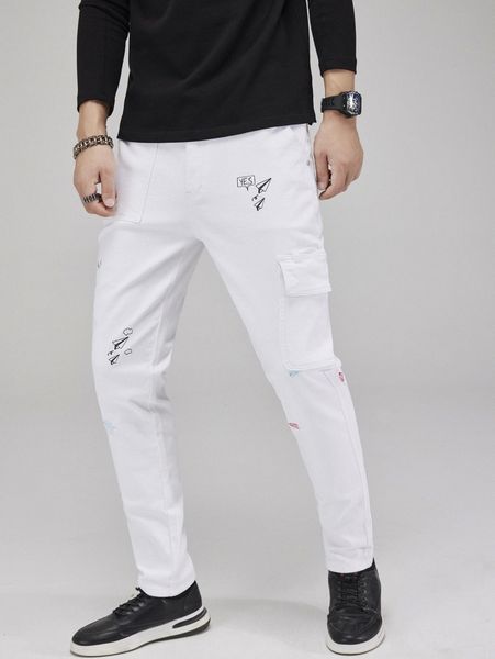 men letter & geo print flap pocket cargo jeans k3l3#, Blue