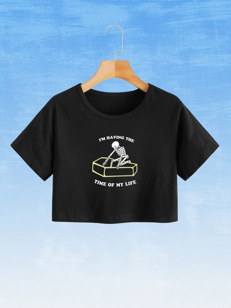 romwe x catsneeze slogan skull graphic crop boxy tee k9zk#, White 
romwe x catsneeze slogan skull graphic crop boxy tee k9zk#, White