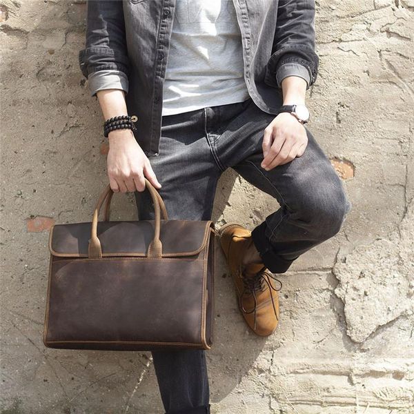 briefcases retro business simple men's briefcase daily waterproof lapbag genuine leather work shoulder bags