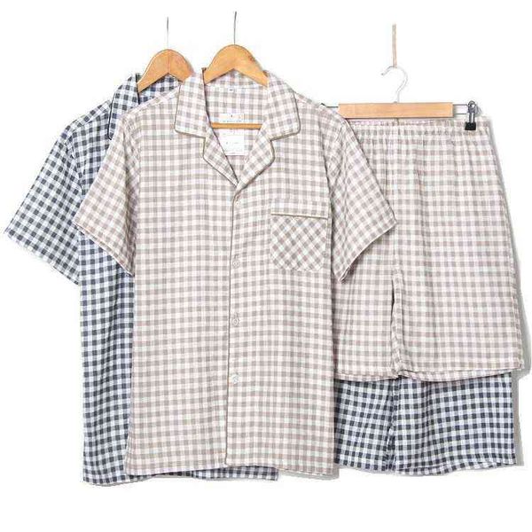 summer cotton double gauze pajamas men's short-sleeved shorts suit men's pajamas lattice large size home service pajamas suit 2111, Black;brown
summer cotton double gauze pajamas men's short-sleeved shorts suit men's pajamas lattice large size home service pajamas suit 2111, Black;brown