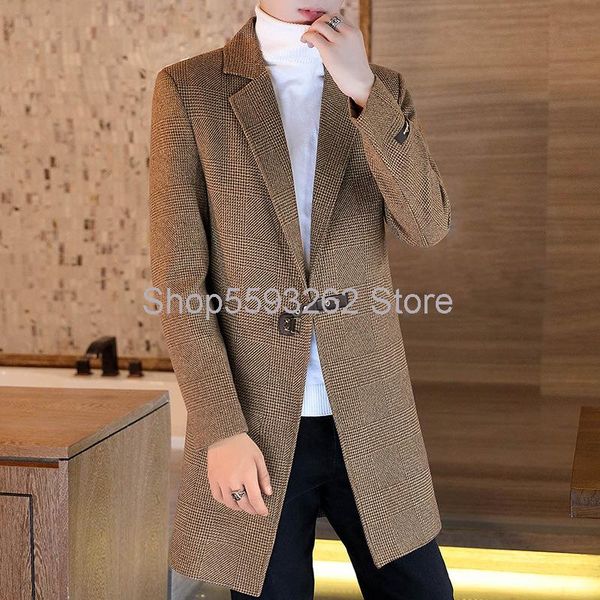 men's wool & blends windbreaker woolen coat youth slim long, Black