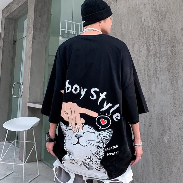 t shirt 2021 summer men's cat printed short sleeve cartoon fun korean trend loose lovers half, White;black
t shirt 2021 summer men's cat printed short sleeve cartoon fun korean trend loose lovers half, White;black