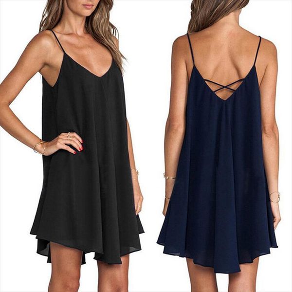 summer spaghetti strap womens dresses loose mini large size v neck sleeveless backless cross short female clothes, Black;gray
summer spaghetti strap womens dresses loose mini large size v neck sleeveless backless cross short female clothes, Black;gray