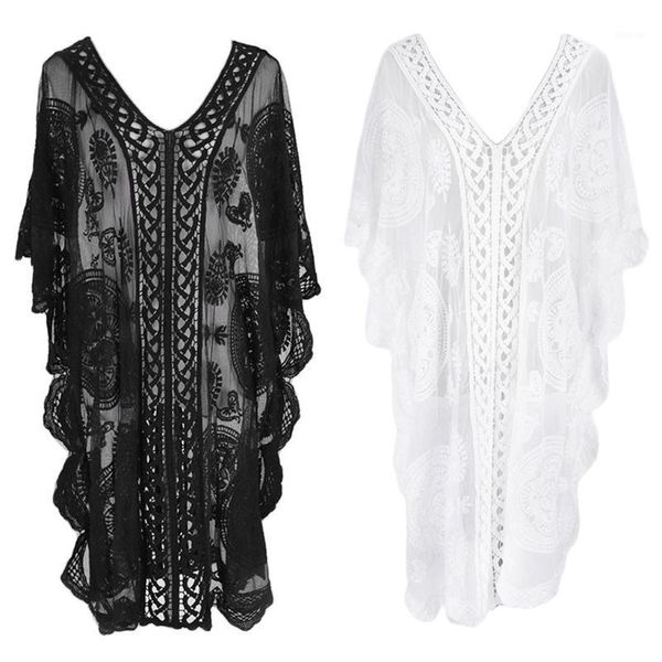 women's swimwear women summer half sleeve bikini swimsuit cover up sheer embroidery floral lace beach dress sunscreen loose tunic, White;black
women's swimwear women summer half sleeve bikini swimsuit cover up sheer embroidery floral lace beach dress sunscreen loose tunic, White;black