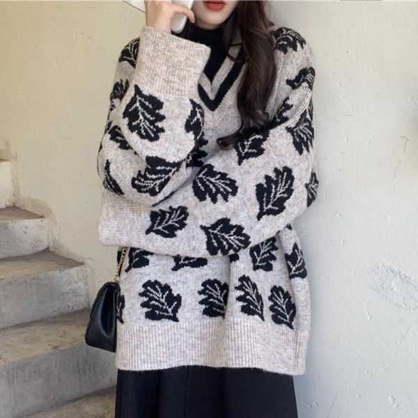 women's sweaters retro pull femme 2021 autumn winter long sleeve leaves leaf pattern v neck korean style knitted loose pullover sweater, White;black
women's sweaters retro pull femme 2021 autumn winter long sleeve leaves leaf pattern v neck korean style knitted loose pullover sweater, White;black