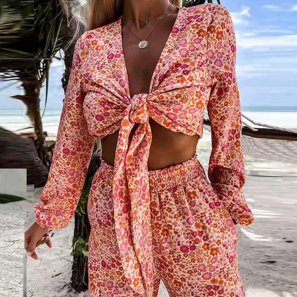 women's two piece pants 2021 autumn elegant floral print women set casual long sleeve and ladies fashion tie-up outfits, White
women's two piece pants 2021 autumn elegant floral print women set casual long sleeve and ladies fashion tie-up outfits, White