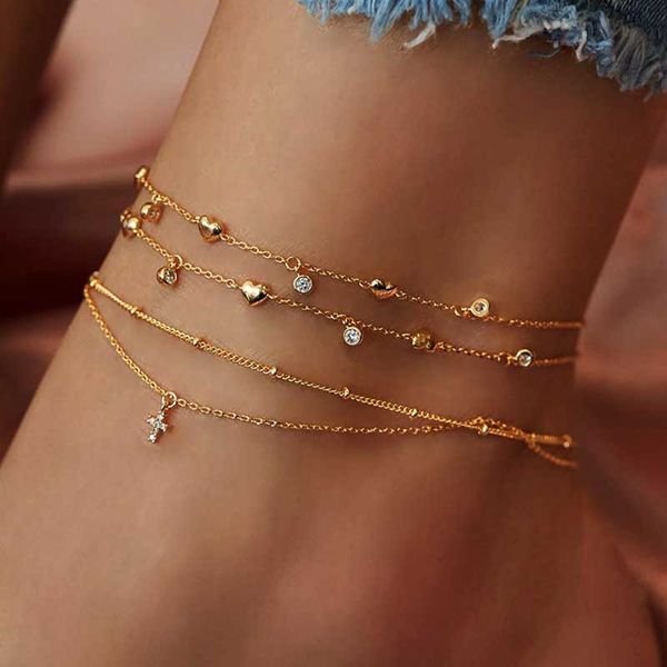 

new vintage cross pendant heart anklets for women multilayers beads chain anklet 2020 bracelet on leg foot beach jewelry, Red;blue