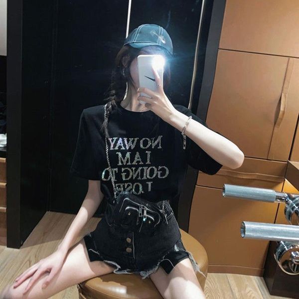 women's t-shirt summer women rhinestone loose harajuku drop vintage black short sleeve oversized punk korean style clothes, White
women's t-shirt summer women rhinestone loose harajuku drop vintage black short sleeve oversized punk korean style clothes, White
