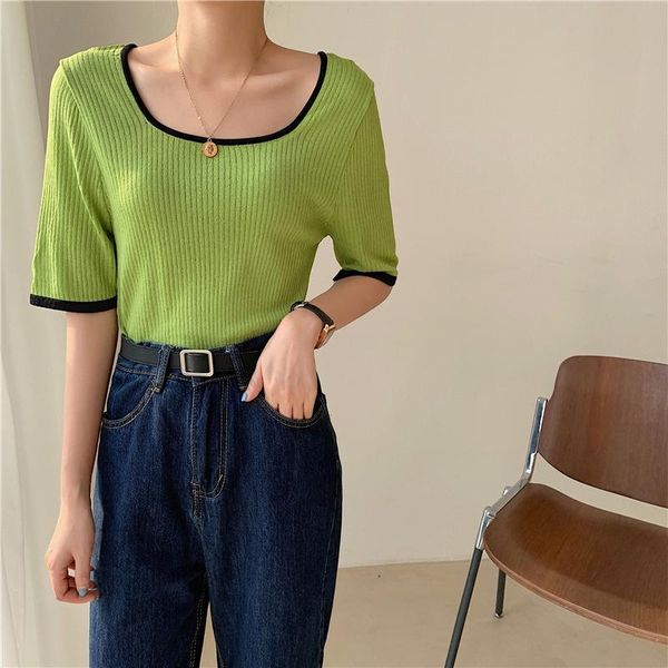 women's t-shirt cmaz two versions 2021 loose knitted women korean design half sleeve irregular neck ins fashion female 932#, White
women's t-shirt cmaz two versions 2021 loose knitted women korean design half sleeve irregular neck ins fashion female 932#, White