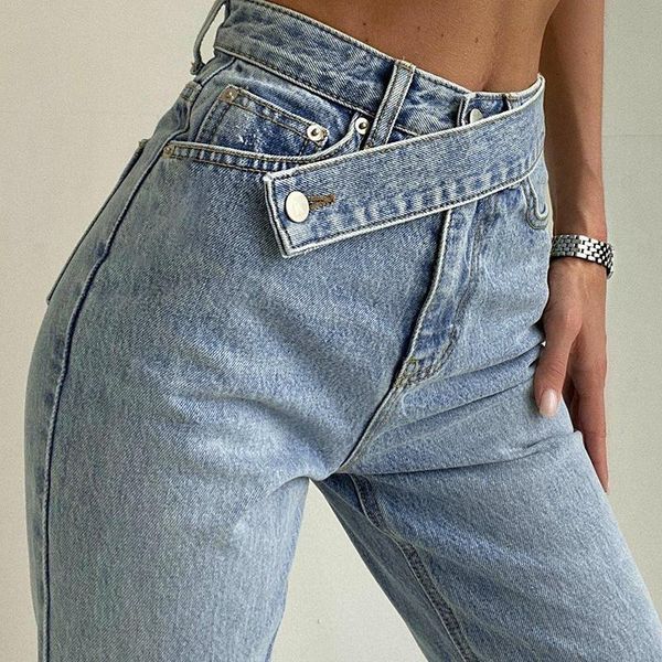women's jeans irregular belt slimming high waist straight distressed light-colored casual pants trousers women, Blue
women's jeans irregular belt slimming high waist straight distressed light-colored casual pants trousers women, Blue