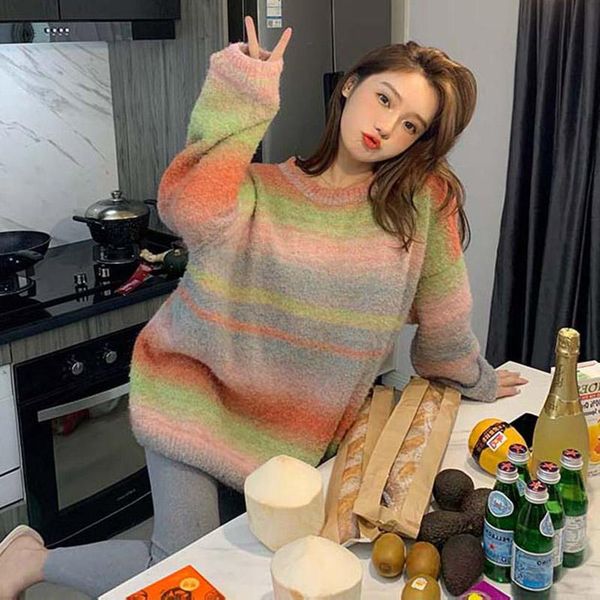 women's sweaters gradient rainbow sweater women lazy oaf loose long pullovers 2021 autumn winter thick oversized round neck jumper, White;black
women's sweaters gradient rainbow sweater women lazy oaf loose long pullovers 2021 autumn winter thick oversized round neck jumper, White;black