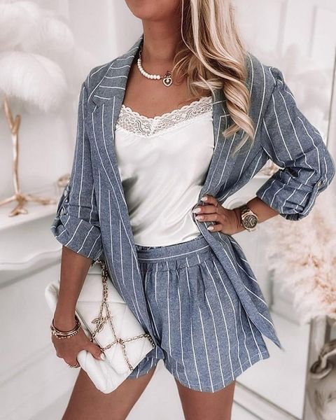 women's tracksuits striped 2 piece shorts set women notched collar blazer &, Gray
women's tracksuits striped 2 piece shorts set women notched collar blazer &, Gray