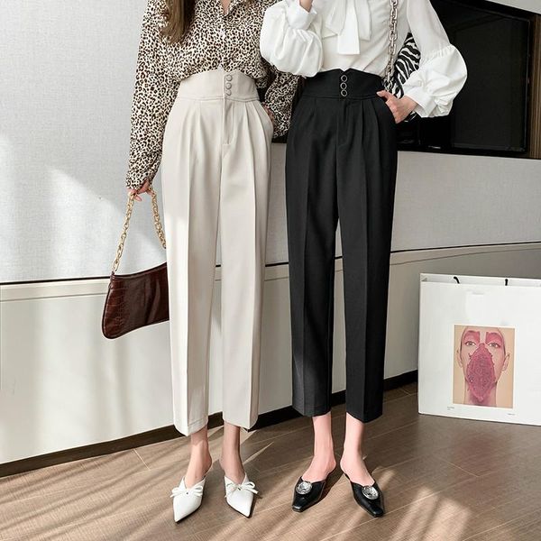 women's pants & capris chic high waist pleated black women buttons casual harlen office lady spring summer trousers 2021, Black;white
women's pants & capris chic high waist pleated black women buttons casual harlen office lady spring summer trousers 2021, Black;white
