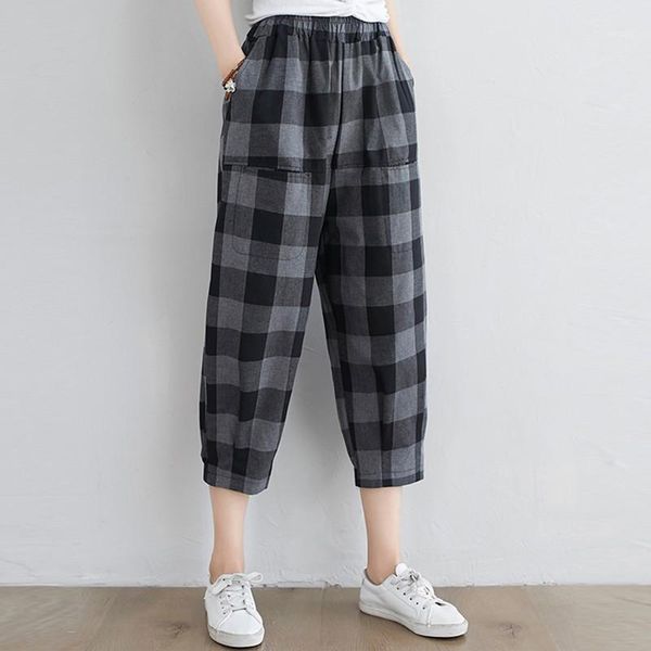 women summer casual calf-length pants 2021 arts style vintage plaid elastic waist female cotton linen harem s1548 women's & capris, Black;white
women summer casual calf-length pants 2021 arts style vintage plaid elastic waist female cotton linen harem s1548 women's & capris, Black;white