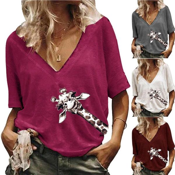 women's t-shirt women loose baggy v-neck giraffe print summer casual short sleeve blouse, White
women's t-shirt women loose baggy v-neck giraffe print summer casual short sleeve blouse, White