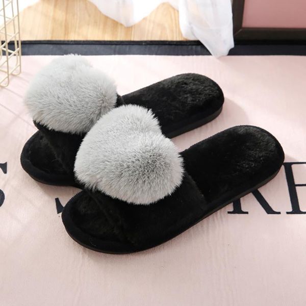 slippers women shoes slides plush home indoor winter warm faux fur mtx42, Black