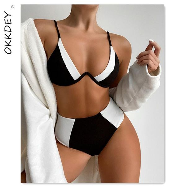 women's swimwear high waist bikinis swimsuit women 2021 push up patachwork biquini triangle bikini set ribbed bathing suits beachwear, White;black