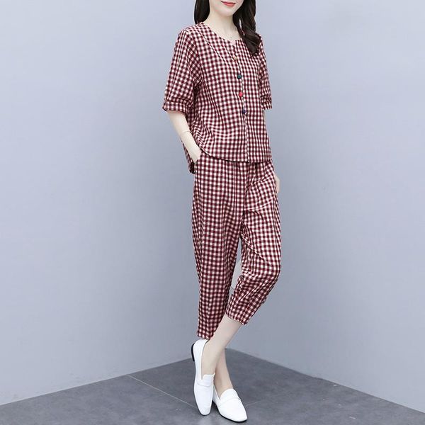 women's tracksuits sets 2021 summer cotton linen set large size short-sleeved plaid loose casual cropped trousers two-piece suit e233, Gray
women's tracksuits sets 2021 summer cotton linen set large size short-sleeved plaid loose casual cropped trousers two-piece suit e233, Gray