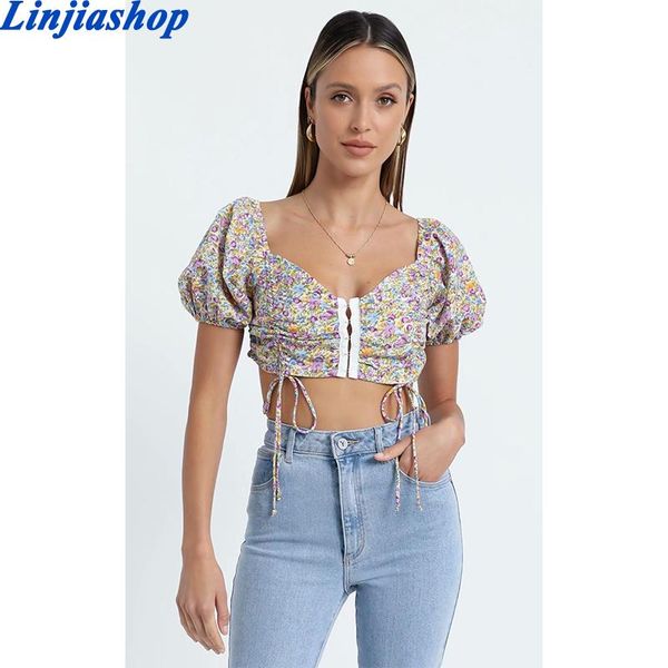 spring summer women and blouses vintage floral print elastic shirt short sleeves femme beach women's & shirts, White
spring summer women and blouses vintage floral print elastic shirt short sleeves femme beach women's & shirts, White