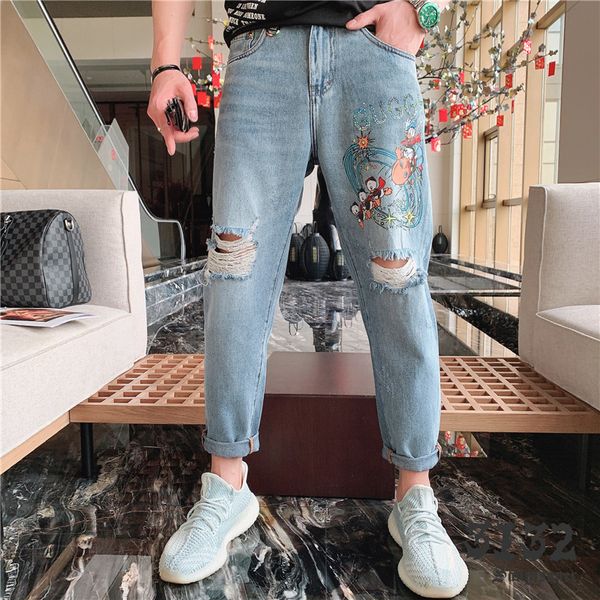 jean fashion summer for men's cartoon brim drill hole fine fitting capris washing trendy pants, Blue
jean fashion summer for men's cartoon brim drill hole fine fitting capris washing trendy pants, Blue