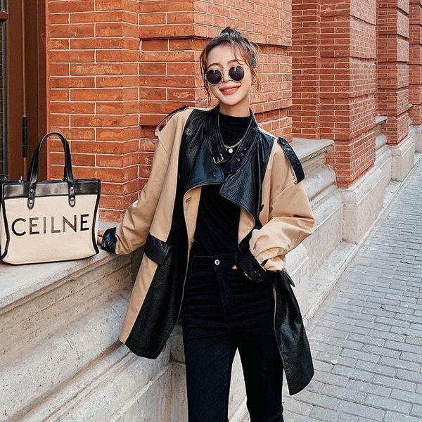 women's trench coats spring fall loose pu coat women faux leather jackets vintage motor biker elegant tie belt waist pockets block colo, Tan;black
women's trench coats spring fall loose pu coat women faux leather jackets vintage motor biker elegant tie belt waist pockets block colo, Tan;black