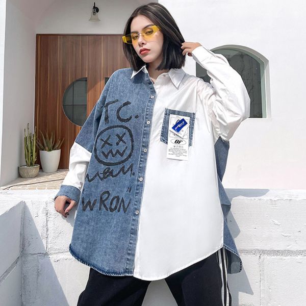 autumn stitching color female blouse plus size letter print women casual shirt coat denim patchwork 210510, White
autumn stitching color female blouse plus size letter print women casual shirt coat denim patchwork 210510, White