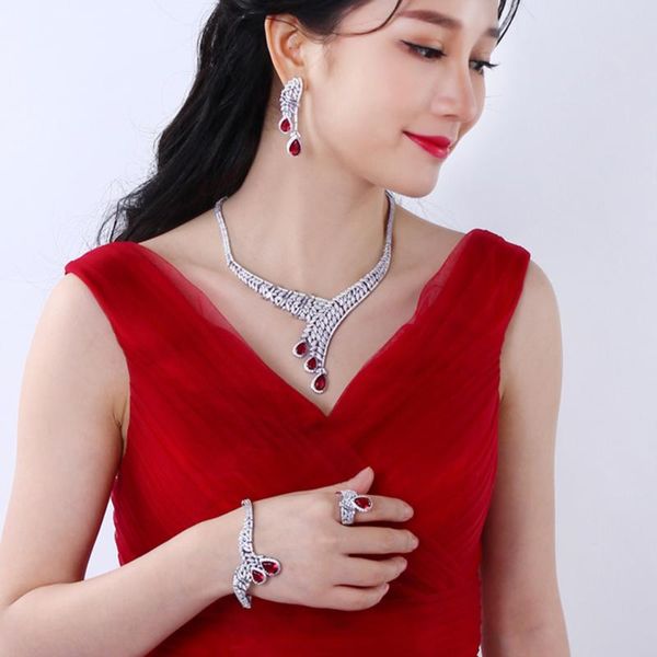 earrings & necklace luxury 4pcs wedding party jewelry sets big red water drop crystal necklace+bracelet+earrings+ring large jewellery set fo, Silver
earrings & necklace luxury 4pcs wedding party jewelry sets big red water drop crystal necklace+bracelet+earrings+ring large jewellery set fo, Silver