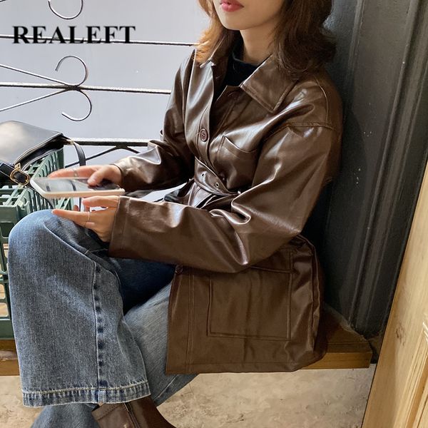 vintage women's pu leather jacket fashion turndown collar long sleeve with belt ol style women coat outwear female 210428, Black;brown
vintage women's pu leather jacket fashion turndown collar long sleeve with belt ol style women coat outwear female 210428, Black;brown