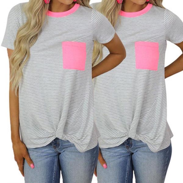 women's t-shirt summer women striped print short sleeve round neck pocket casual loose lady street style top, White
women's t-shirt summer women striped print short sleeve round neck pocket casual loose lady street style top, White