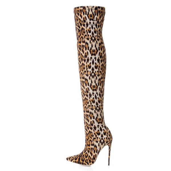 boots 2021 woman leopard print thigh-high pointed toe over the knee high slip on warm shoes, Black
