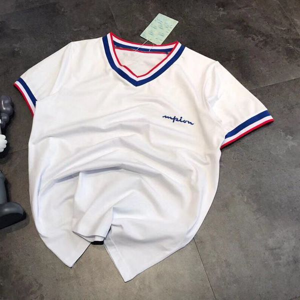 high version 21 summer women's cursive letter contrast stripe v-neck short sleeve loose casual solid color t-shirt, White
high version 21 summer women's cursive letter contrast stripe v-neck short sleeve loose casual solid color t-shirt, White