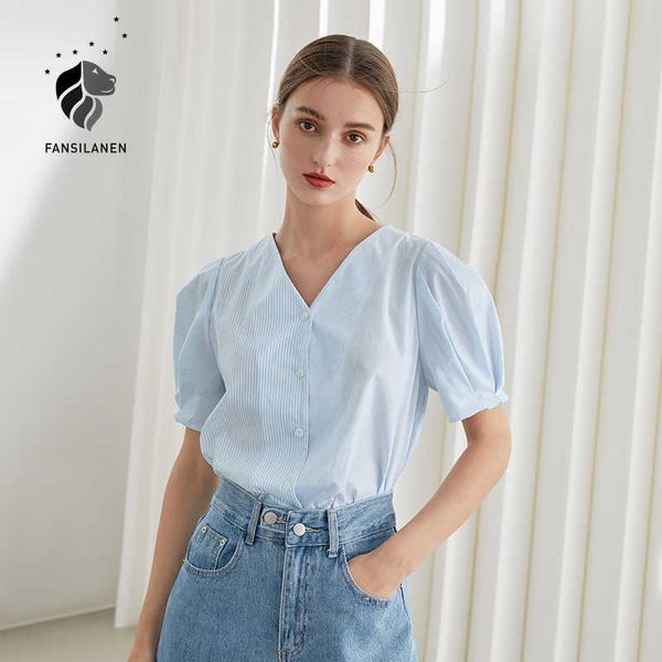 fansilanen 100% cotton office lady blue striped stitching short sleeve shirt women's summer puff v-neck casual 210607, White
fansilanen 100% cotton office lady blue striped stitching short sleeve shirt women's summer puff v-neck casual 210607, White