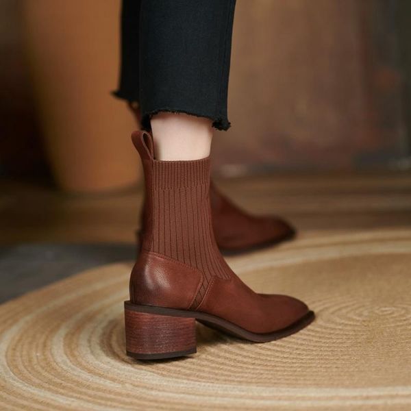 boots 2021 ankle for women genuine leather med heel winter modern concise short retro shoes brown, Black