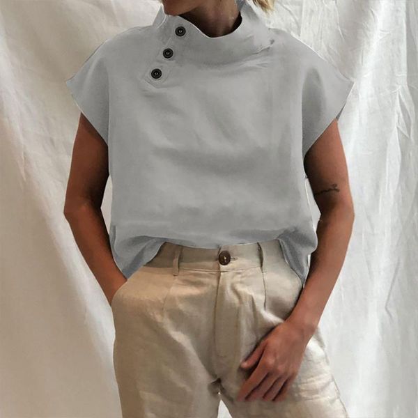 women's t-shirt women summer casual solid daily short-sleeve button decoration wild 2021 stand collar simple ladies tee, White
women's t-shirt women summer casual solid daily short-sleeve button decoration wild 2021 stand collar simple ladies tee, White