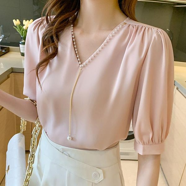 women's blouses & shirts blusas mujer de moda 2021 beading v-neck shirt women short sleeve chiffon blouse casual ladies pullover femme, White
women's blouses & shirts blusas mujer de moda 2021 beading v-neck shirt women short sleeve chiffon blouse casual ladies pullover femme, White