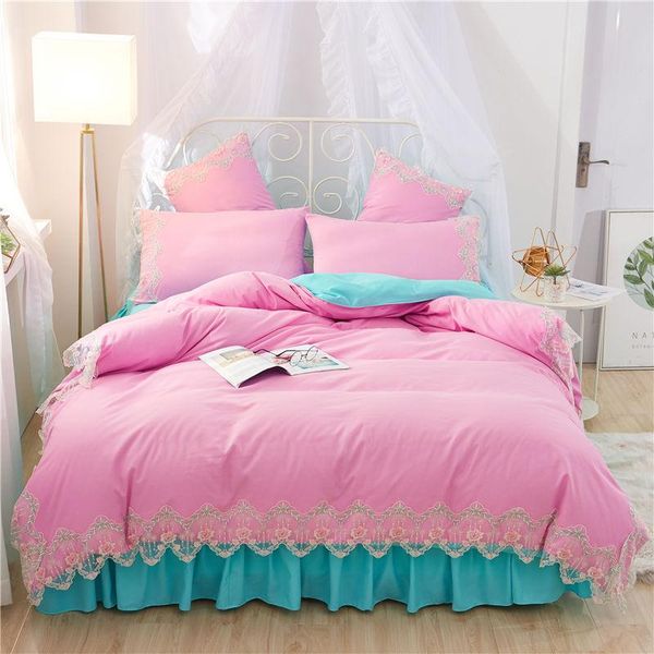 bedding sets pink blue lace full king duvet cover princess girls bed skirt korean bedclothes beautiful quilt