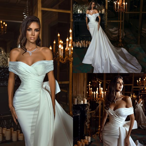 elegant satin 2022 mermaid wedding dresses with detachable train bridal gowns beaded off the shoulder vestido de novia, White
elegant satin 2022 mermaid wedding dresses with detachable train bridal gowns beaded off the shoulder vestido de novia, White