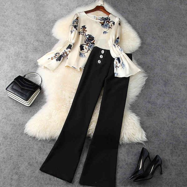 women's two piece pants spring long sleeve round neck floral print blouse + buttons high waist flare trousers suits 2 s set lj2011812 e, White 
women's two piece pants spring long sleeve round neck floral print blouse + buttons high waist flare trousers suits 2 s set lj2011812 e, White