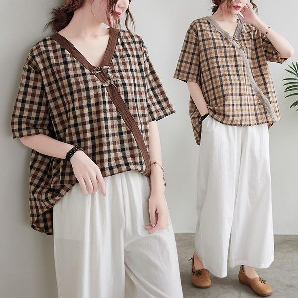 women's blouses & shirts shirt summer loose retro literature v-neck plate button plaid slant skirt show thin large dress, White
women's blouses & shirts shirt summer loose retro literature v-neck plate button plaid slant skirt show thin large dress, White