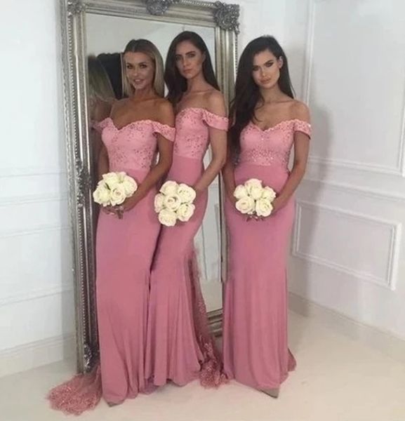 blush pink mermaid bridesmaid dresses off shoulder sweep train lace appliques garden wedding guest party gowns, White;pink
blush pink mermaid bridesmaid dresses off shoulder sweep train lace appliques garden wedding guest party gowns, White;pink