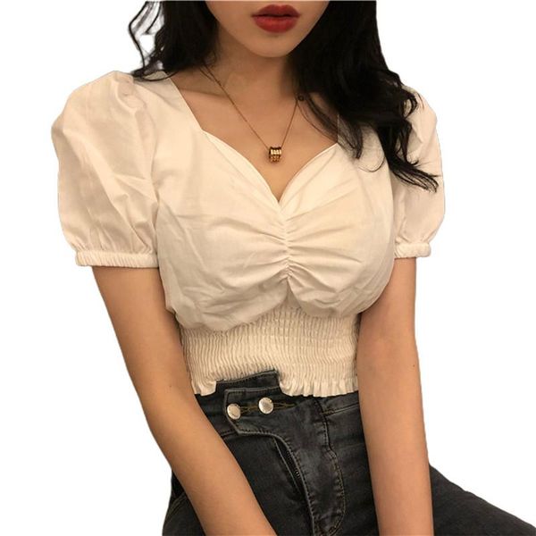 women's t-shirt smocked crop elegant short puff sleeve solid color ruched basic blouse, White
women's t-shirt smocked crop elegant short puff sleeve solid color ruched basic blouse, White