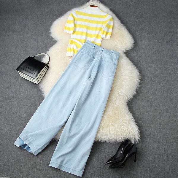 summer suit female fashion designers clothes short sleeves striped upper mesh and jeans piece sets, White;black
summer suit female fashion designers clothes short sleeves striped upper mesh and jeans piece sets, White;black